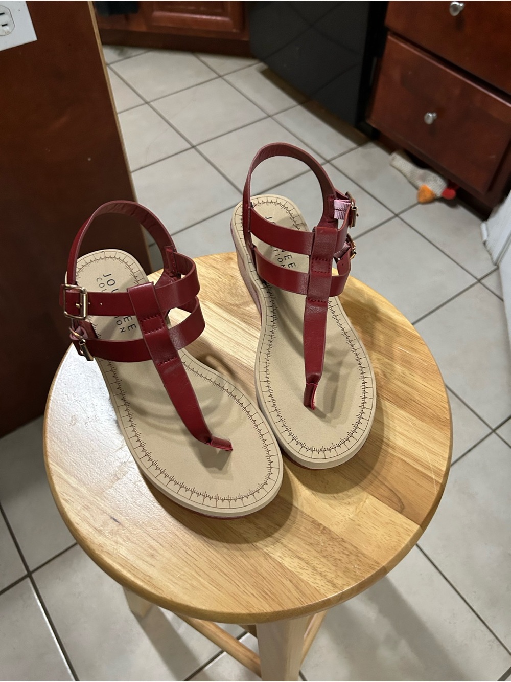 Journee Collection Red T-Strap Sandals with Buckle Detail